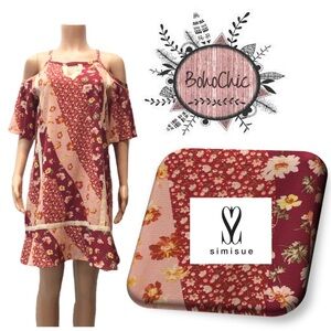 Simisue Red Floral Contrast Print Knee Length Cold Shoulder Dress Size Large